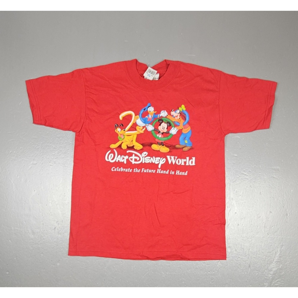 Disney T-Shirt Kids Large Vintage‎ 2000 New Year Red Mickey Goofy Donald Pluto